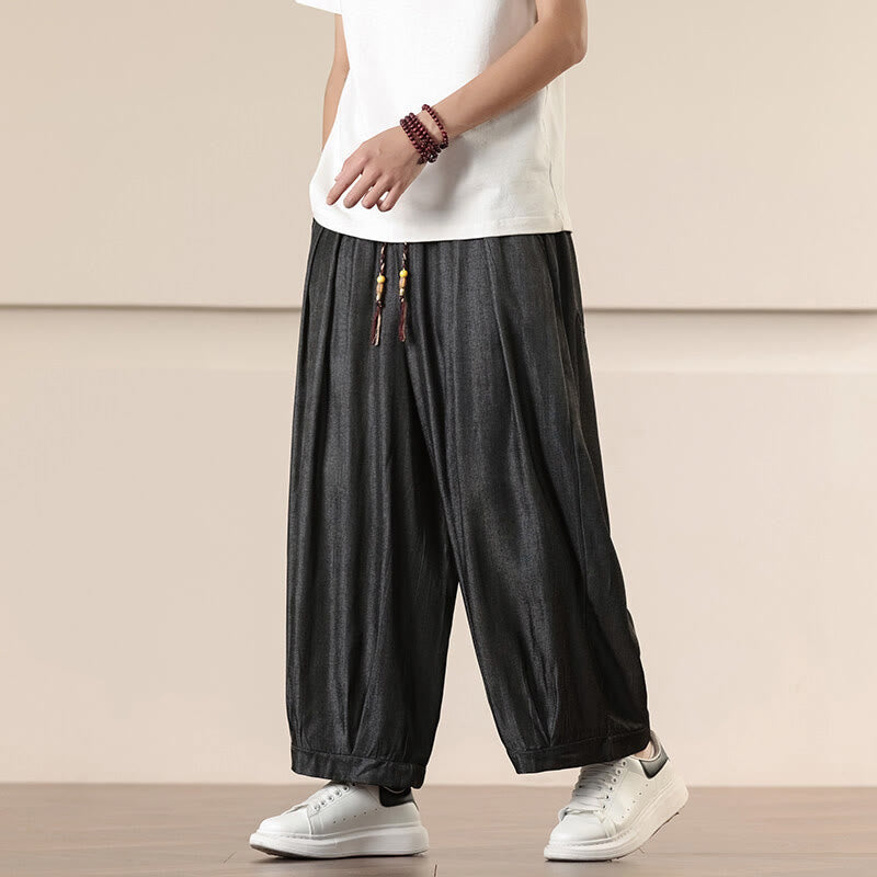 Buddha Stones春 無地 コットン ドローストリング メンズ ワイドレッグパンツ ポケット付き - 黒 - US/UK/AU46、 EU56 (5XL) - image 0