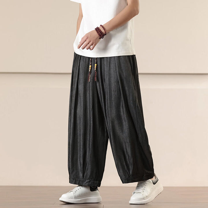 Buddha Stones春 無地 コットン ドローストリング メンズ ワイドレッグパンツ ポケット付き - 黒 - US/UK/AU46、 EU56 (5XL) - image 0