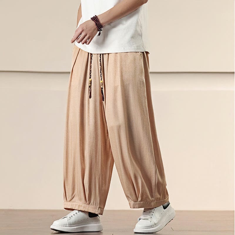 Buddha Stones春 無地 コットン ドローストリング メンズ ワイドレッグパンツ ポケット付き - image 20