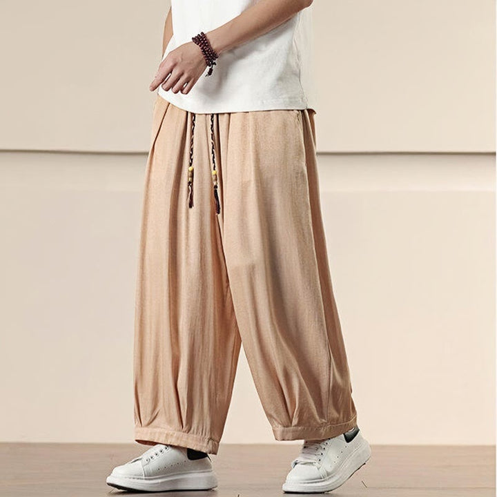 Buddha Stones春 無地 コットン ドローストリング メンズ ワイドレッグパンツ ポケット付き - image 20