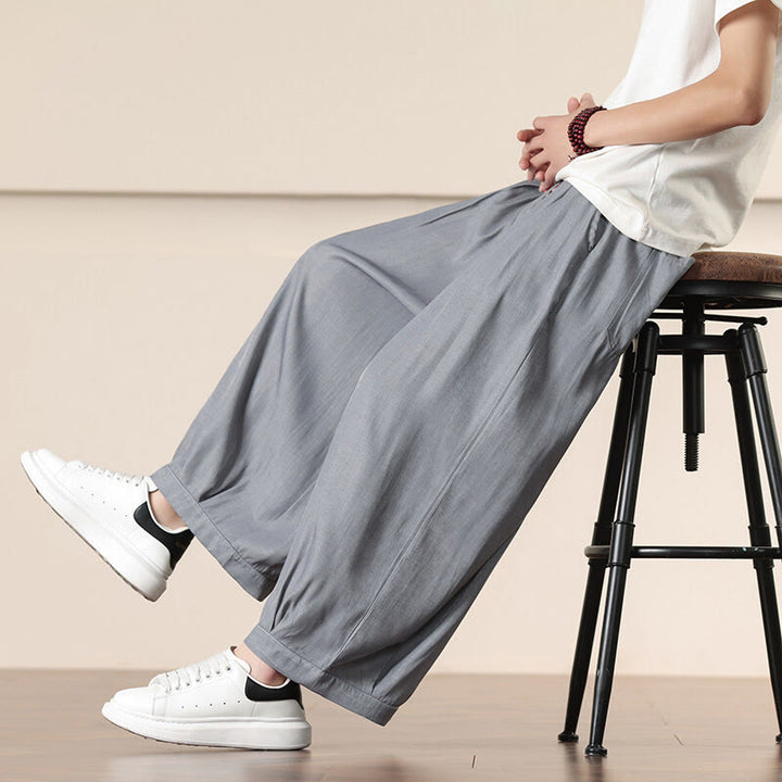 Buddha Stones春 無地 コットン ドローストリング メンズ ワイドレッグパンツ ポケット付き - グレー - US/UK/AU46、 EU56 (5XL) - image 8