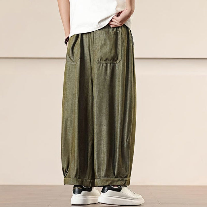 Buddha Stones春 無地 コットン ドローストリング メンズ ワイドレッグパンツ ポケット付き - image 26