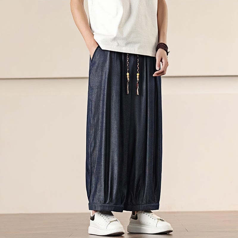 Buddha Stones春 無地 コットン ドローストリング メンズ ワイドレッグパンツ ポケット付き - image 36