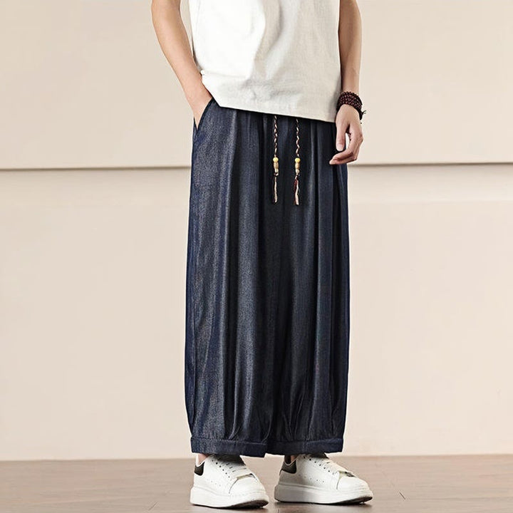 Buddha Stones春 無地 コットン ドローストリング メンズ ワイドレッグパンツ ポケット付き - image 36