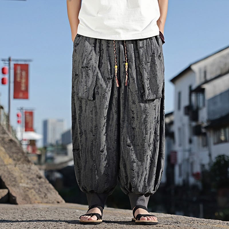 Buddha Stones無地 ホールデザイン ドローストリング コットン メンズ ワイドレッグパンツ ポケット付き - image 2