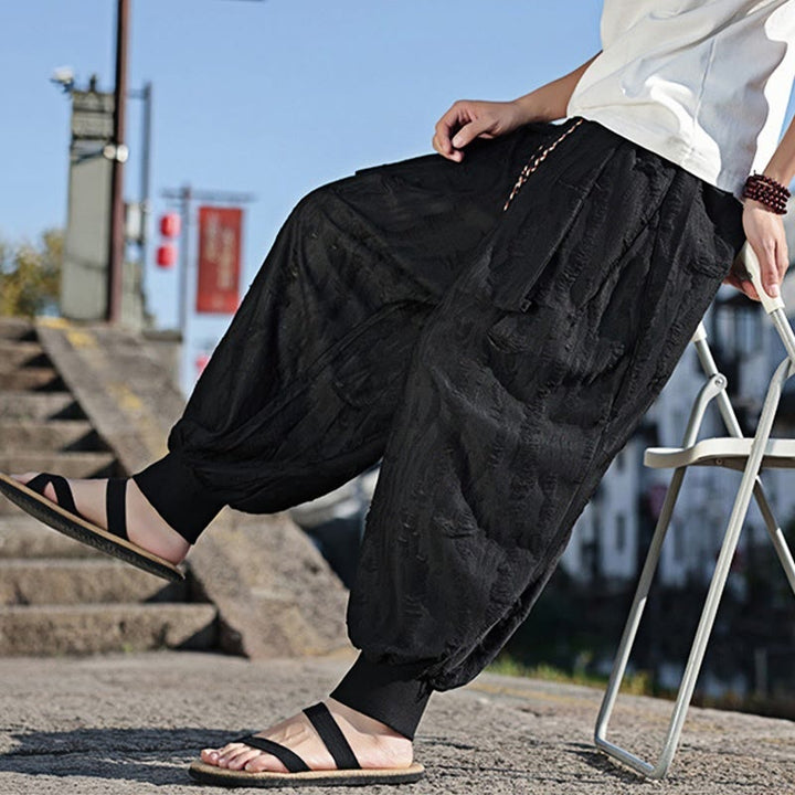 Buddha Stones無地 ホールデザイン ドローストリング コットン メンズ ワイドレッグパンツ ポケット付き - image 16