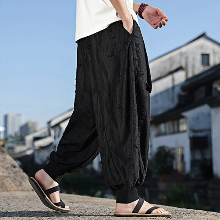 Buddha Stones無地 ホールデザイン ドローストリング コットン メンズ ワイドレッグパンツ ポケット付き - image 14