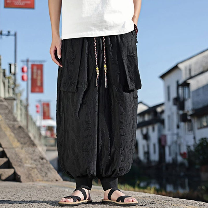 Buddha Stones無地 ホールデザイン ドローストリング コットン メンズ ワイドレッグパンツ ポケット付き - image 10