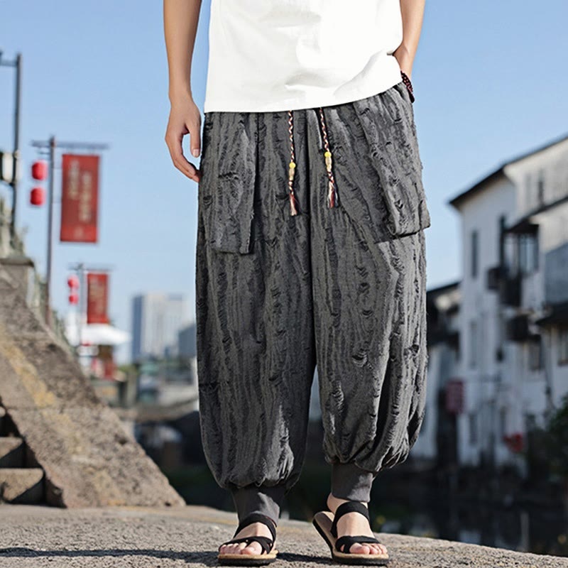 Buddha Stones無地 ホールデザイン ドローストリング コットン メンズ ワイドレッグパンツ ポケット付き - image 4