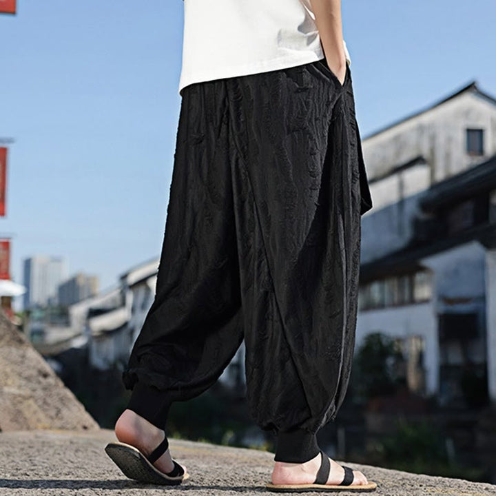 Buddha Stones無地 ホールデザイン ドローストリング コットン メンズ ワイドレッグパンツ ポケット付き - image 17