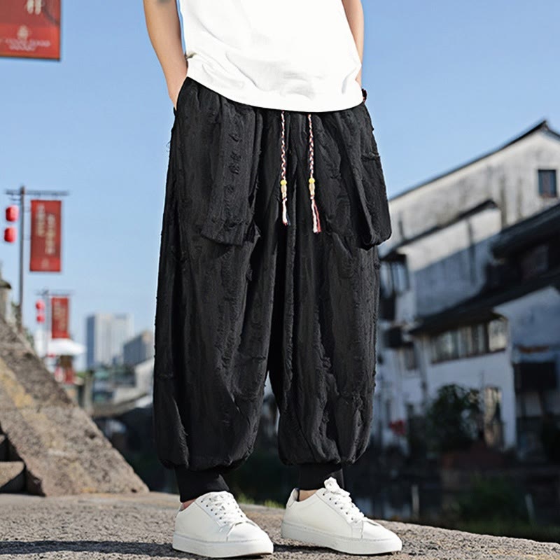 Buddha Stones無地 ホールデザイン ドローストリング コットン メンズ ワイドレッグパンツ ポケット付き - image 13