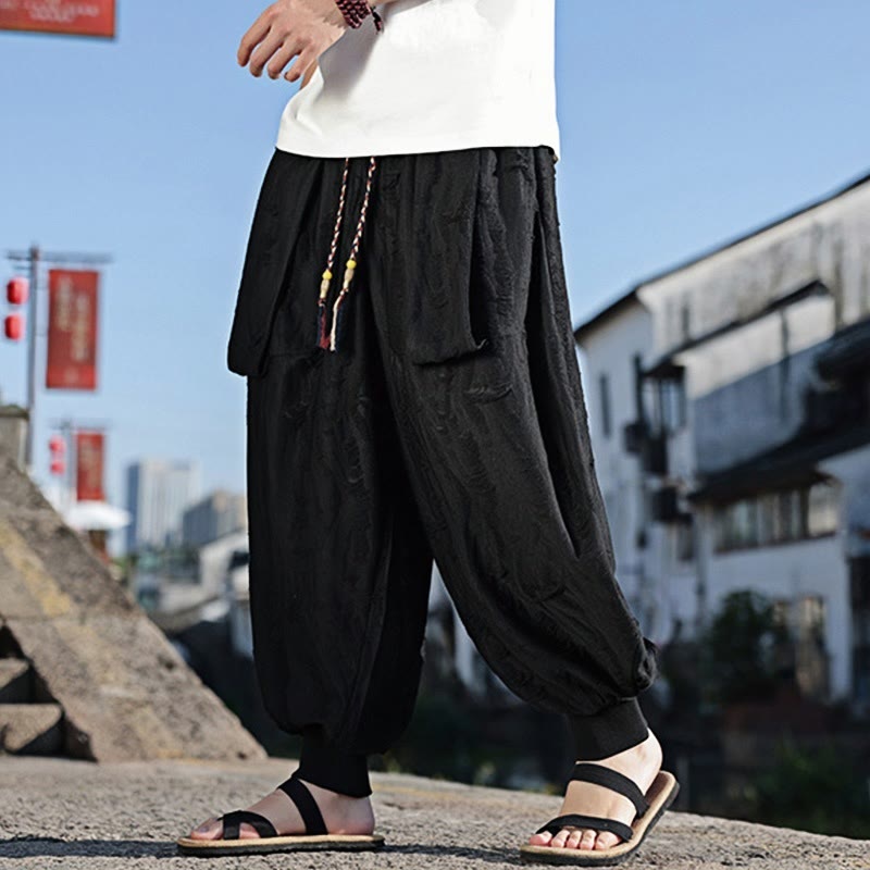 Buddha Stones無地 ホールデザイン ドローストリング コットン メンズ ワイドレッグパンツ ポケット付き - image 9