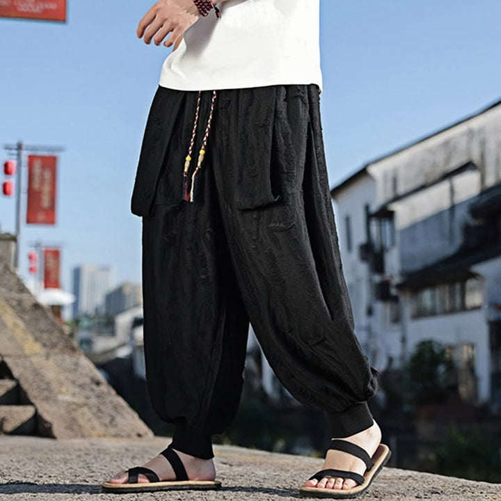 Buddha Stones無地 ホールデザイン ドローストリング コットン メンズ ワイドレッグパンツ ポケット付き - image 9
