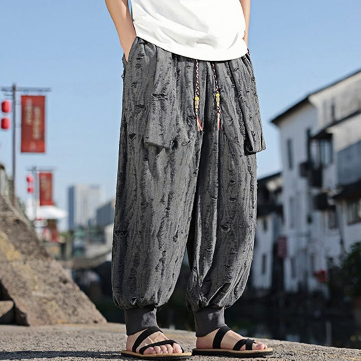 Buddha Stones無地 ホールデザイン ドローストリング コットン メンズ ワイドレッグパンツ ポケット付き - image 3