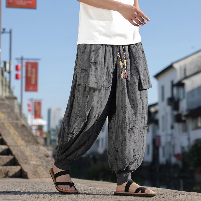 Buddha Stones無地 ホールデザイン ドローストリング コットン メンズ ワイドレッグパンツ ポケット付き - image 1