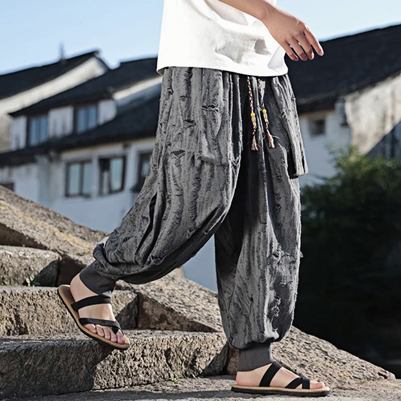 Buddha Stones無地 ホールデザイン ドローストリング コットン メンズ ワイドレッグパンツ ポケット付き - image 5