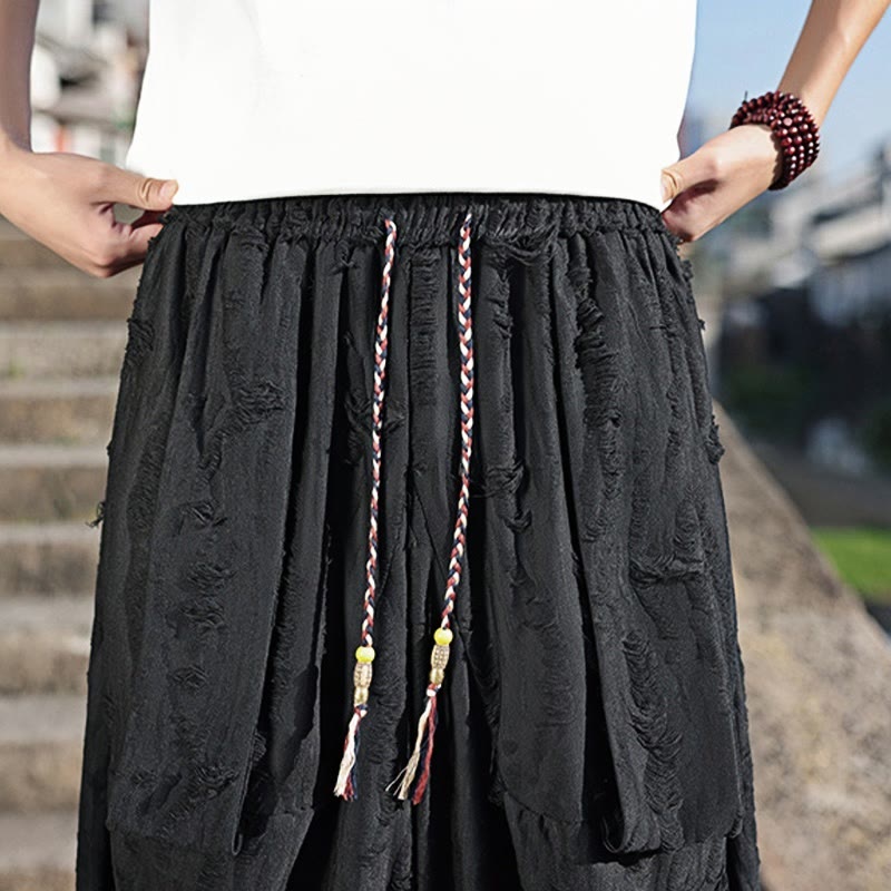 Buddha Stones無地 ホールデザイン ドローストリング コットン メンズ ワイドレッグパンツ ポケット付き - image 19