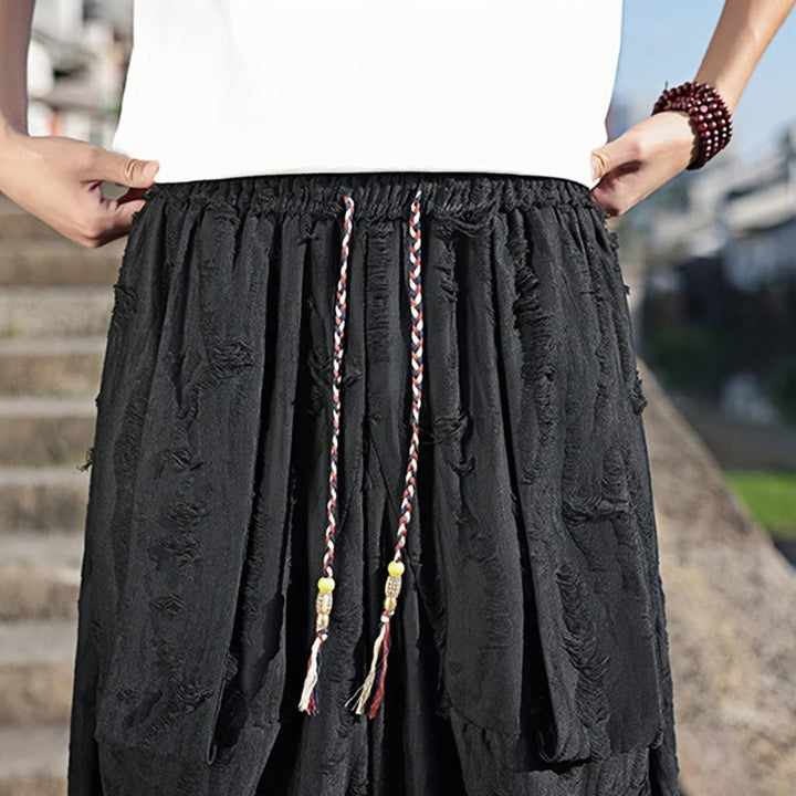 Buddha Stones無地 ホールデザイン ドローストリング コットン メンズ ワイドレッグパンツ ポケット付き - image 19