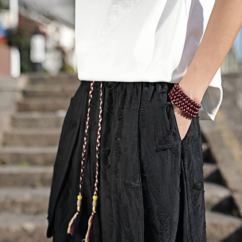 Buddha Stones無地 ホールデザイン ドローストリング コットン メンズ ワイドレッグパンツ ポケット付き - image 18