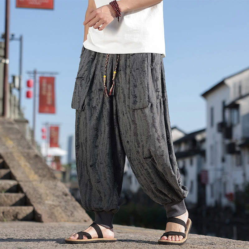 Buddha Stones無地 ホールデザイン ドローストリング コットン メンズ ワイドレッグパンツ ポケット付き - グレー - US/UK/AU46、 EU56 (5XL) - image 0
