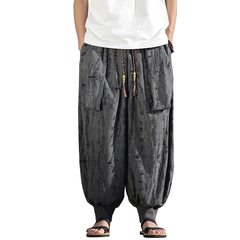 Buddha Stones無地 ホールデザイン ドローストリング コットン メンズ ワイドレッグパンツ ポケット付き - image 7