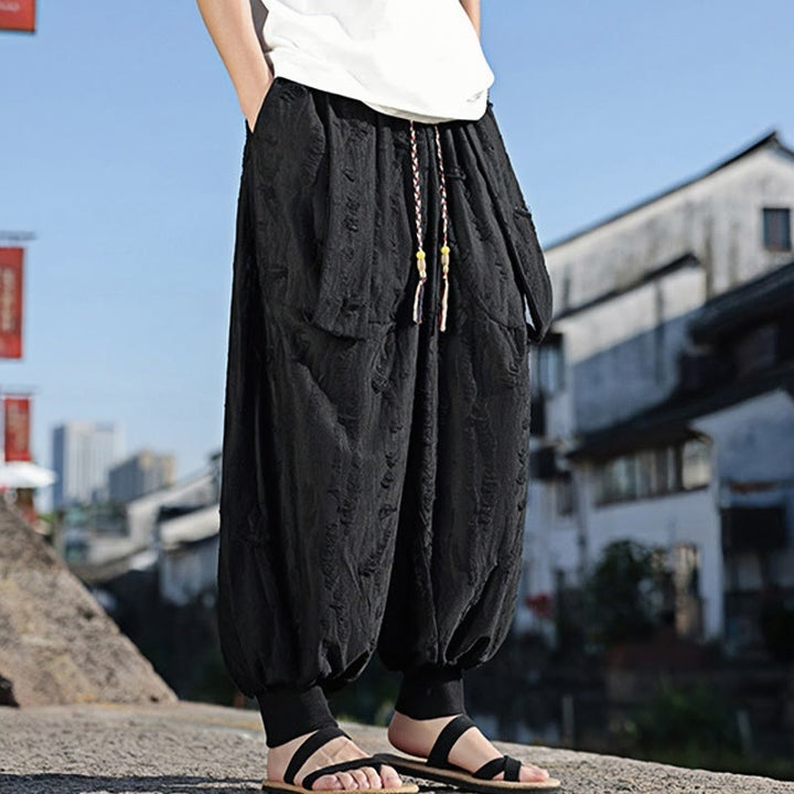 Buddha Stones無地 ホールデザイン ドローストリング コットン メンズ ワイドレッグパンツ ポケット付き - image 11