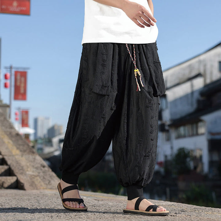Buddha Stones無地 ホールデザイン ドローストリング コットン メンズ ワイドレッグパンツ ポケット付き - 黒 - US/UK/AU46、 EU56 (5XL) - image 8