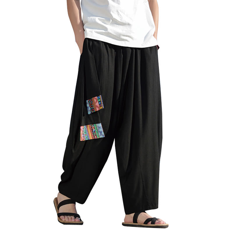 Buddha Stonesシンプル パッチワークデザイン ドローストリング コットン メンズ ワイドレッグパンツ ポケット付き