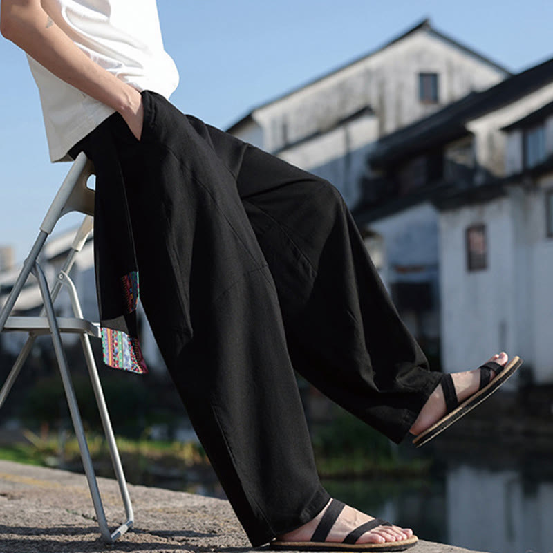 Buddha Stonesシンプル パッチワークデザイン ドローストリング コットン メンズ ワイドレッグパンツ ポケット付き