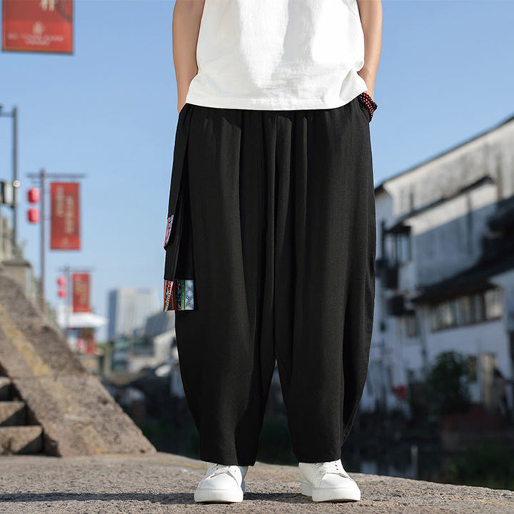 Buddha Stonesシンプル パッチワークデザイン ドローストリング コットン メンズ ワイドレッグパンツ ポケット付き