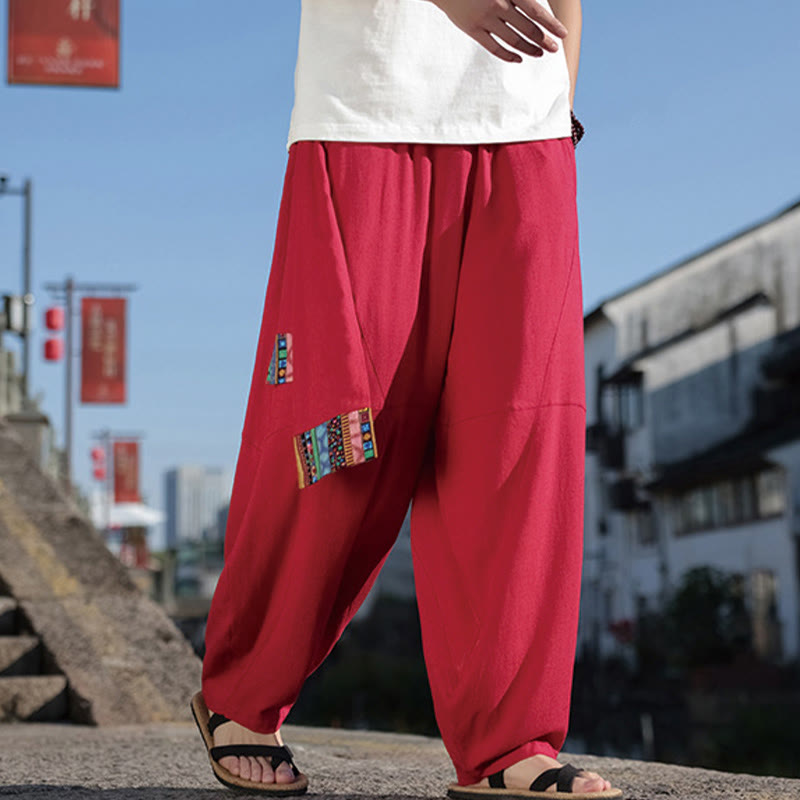 Buddha Stonesシンプル パッチワークデザイン ドローストリング コットン メンズ ワイドレッグパンツ ポケット付き