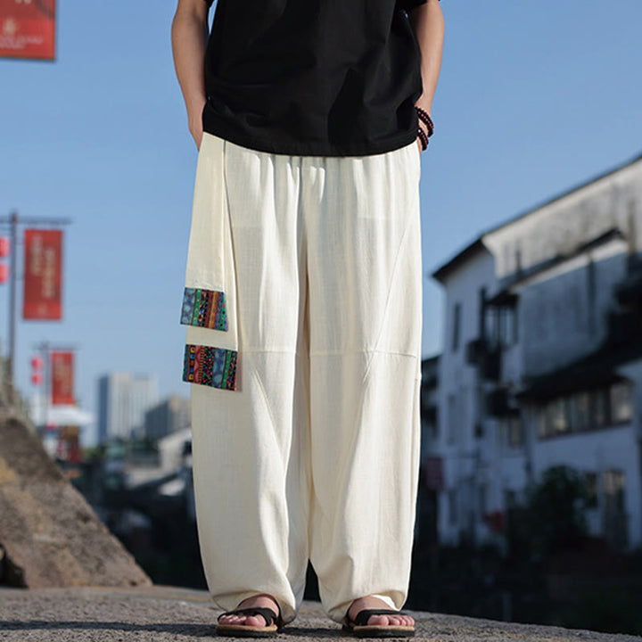 Buddha Stonesシンプル パッチワークデザイン ドローストリング コットン メンズ ワイドレッグパンツ ポケット付き
