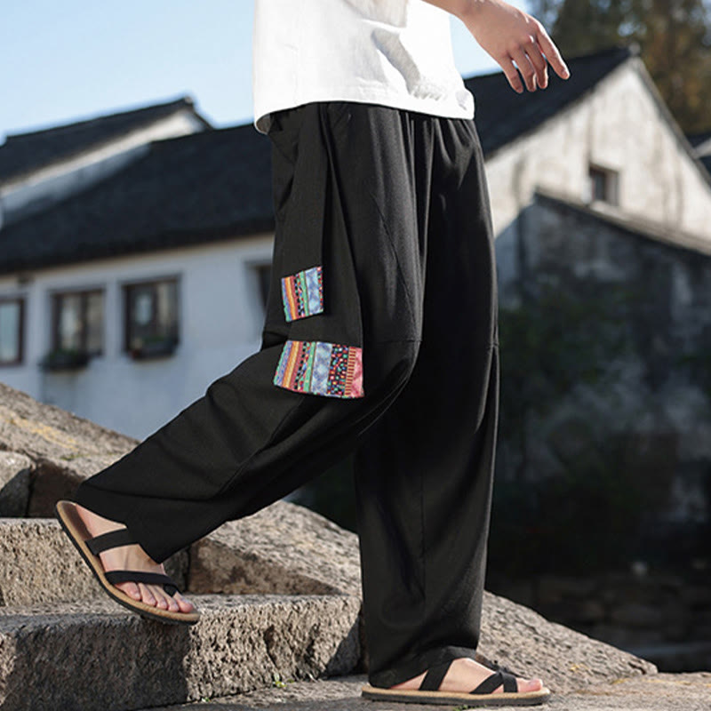 Buddha Stonesシンプル パッチワークデザイン ドローストリング コットン メンズ ワイドレッグパンツ ポケット付き