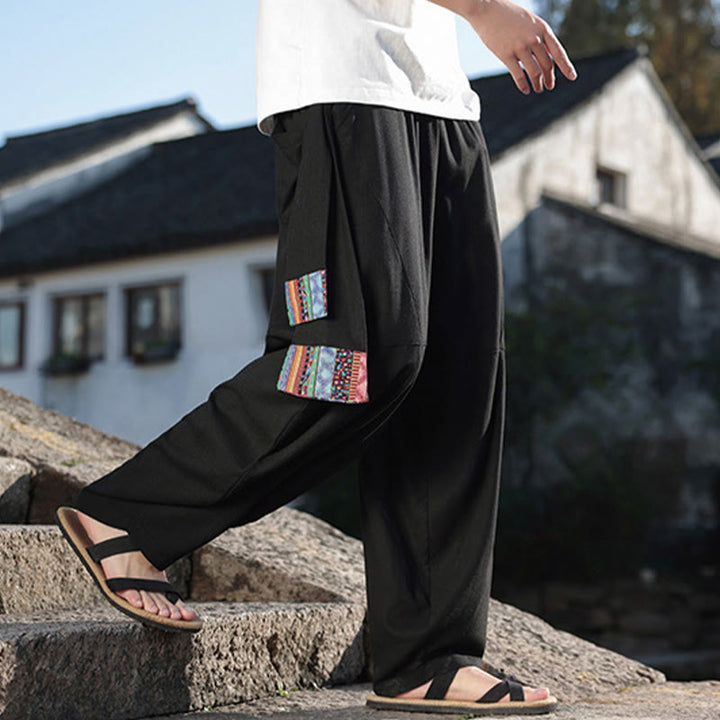 Buddha Stonesシンプル パッチワークデザイン ドローストリング コットン メンズ ワイドレッグパンツ ポケット付き