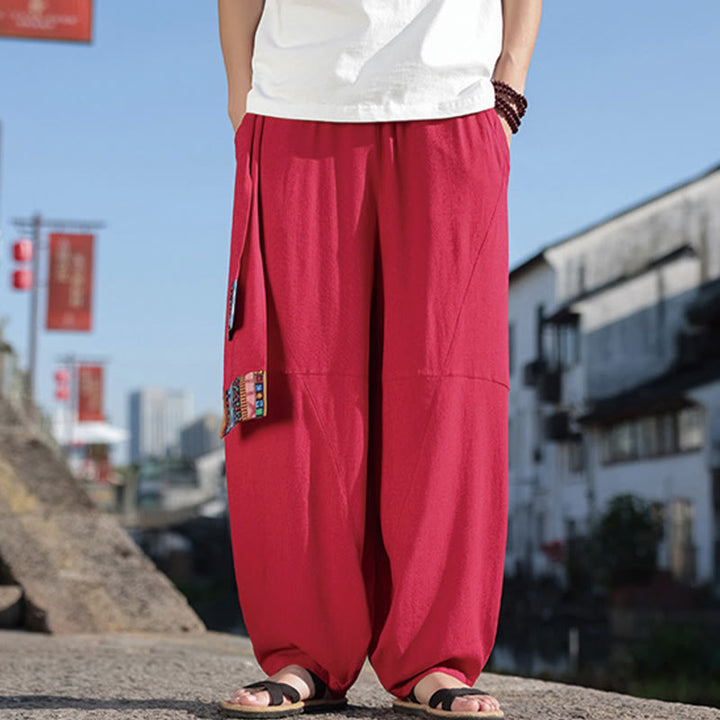 Buddha Stonesシンプル パッチワークデザイン ドローストリング コットン メンズ ワイドレッグパンツ ポケット付き