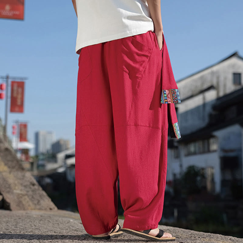 Buddha Stonesシンプル パッチワークデザイン ドローストリング コットン メンズ ワイドレッグパンツ ポケット付き