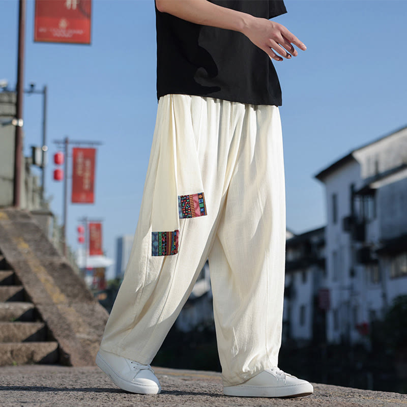 Buddha Stonesシンプル パッチワークデザイン ドローストリング コットン メンズ ワイドレッグパンツ ポケット付き