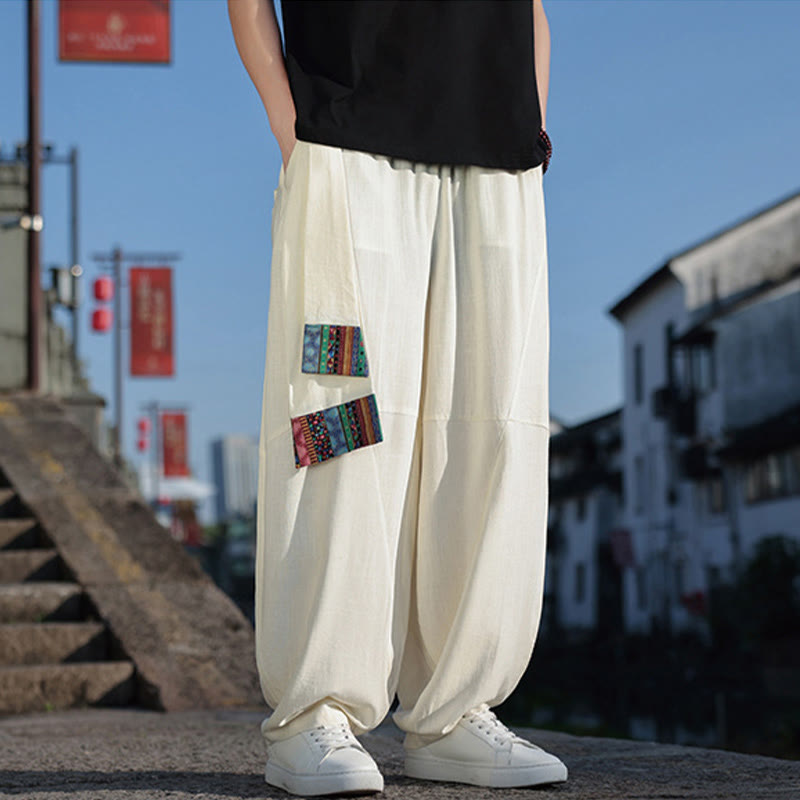 Buddha Stonesシンプル パッチワークデザイン ドローストリング コットン メンズ ワイドレッグパンツ ポケット付き