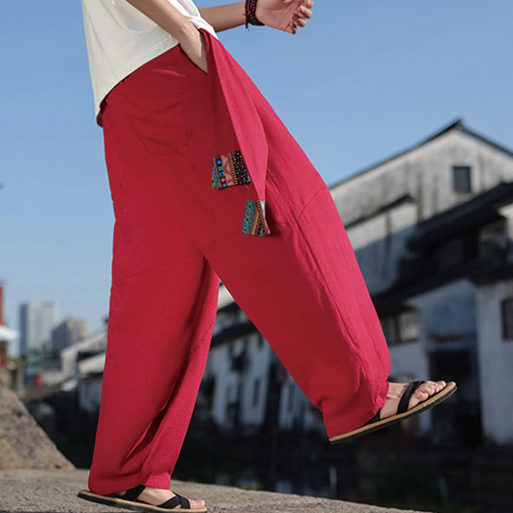 Buddha Stonesシンプル パッチワークデザイン ドローストリング コットン メンズ ワイドレッグパンツ ポケット付き