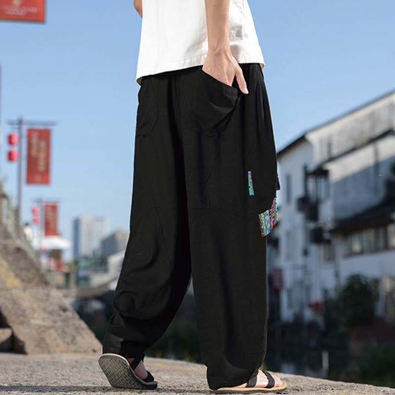 Buddha Stonesシンプル パッチワークデザイン ドローストリング コットン メンズ ワイドレッグパンツ ポケット付き