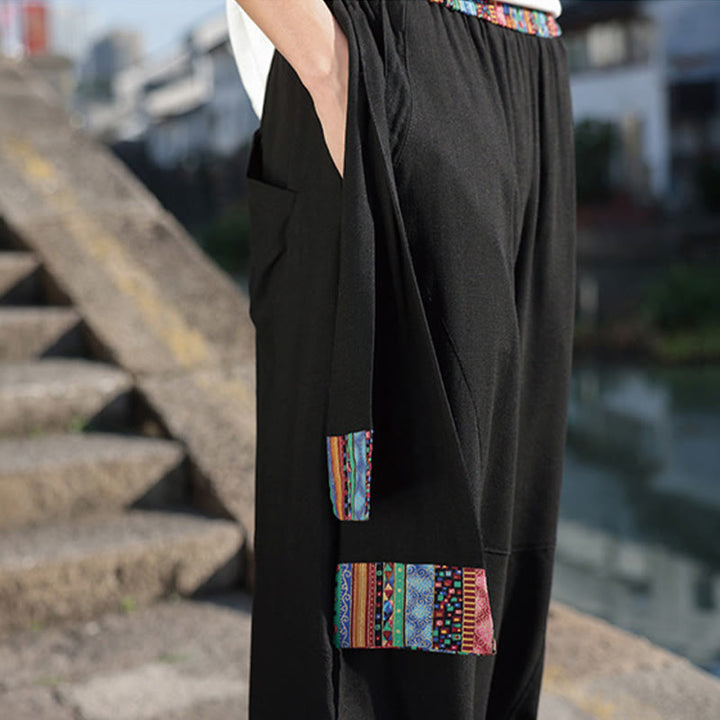 Buddha Stonesシンプル パッチワークデザイン ドローストリング コットン メンズ ワイドレッグパンツ ポケット付き