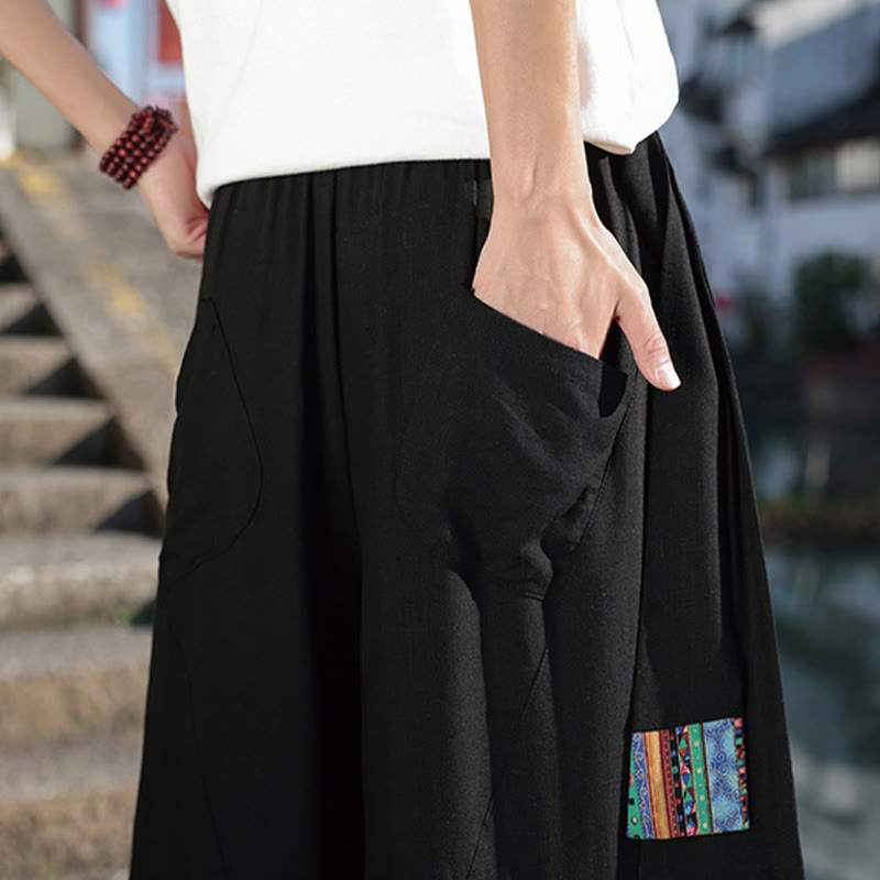 Buddha Stonesシンプル パッチワークデザイン ドローストリング コットン メンズ ワイドレッグパンツ ポケット付き