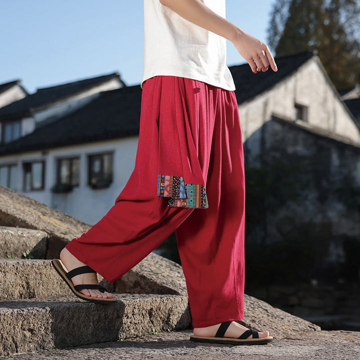 Buddha Stonesシンプル パッチワークデザイン ドローストリング コットン メンズ ワイドレッグパンツ ポケット付き