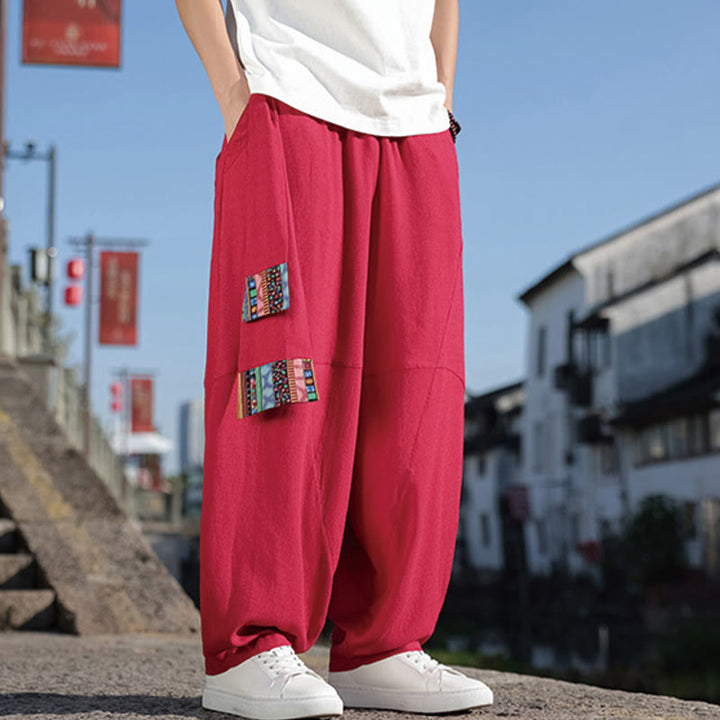 Buddha Stonesシンプル パッチワークデザイン ドローストリング コットン メンズ ワイドレッグパンツ ポケット付き