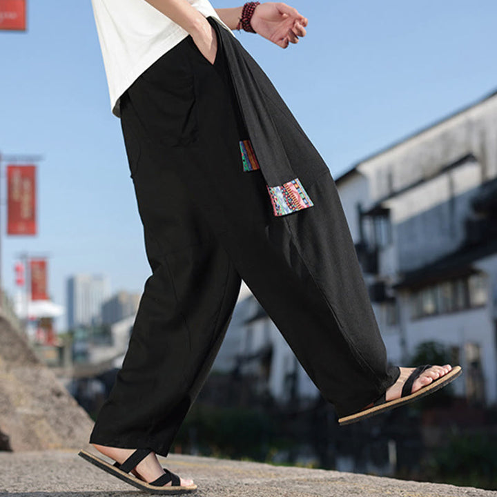 Buddha Stonesシンプル パッチワークデザイン ドローストリング コットン メンズ ワイドレッグパンツ ポケット付き