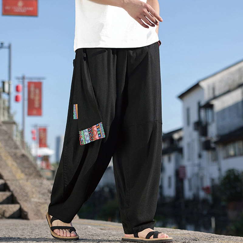Buddha Stonesシンプル パッチワークデザイン ドローストリング コットン メンズ ワイドレッグパンツ ポケット付き