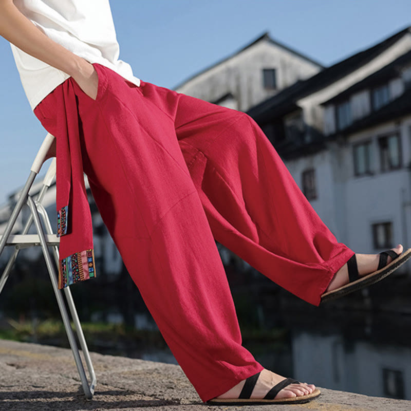 Buddha Stonesシンプル パッチワークデザイン ドローストリング コットン メンズ ワイドレッグパンツ ポケット付き