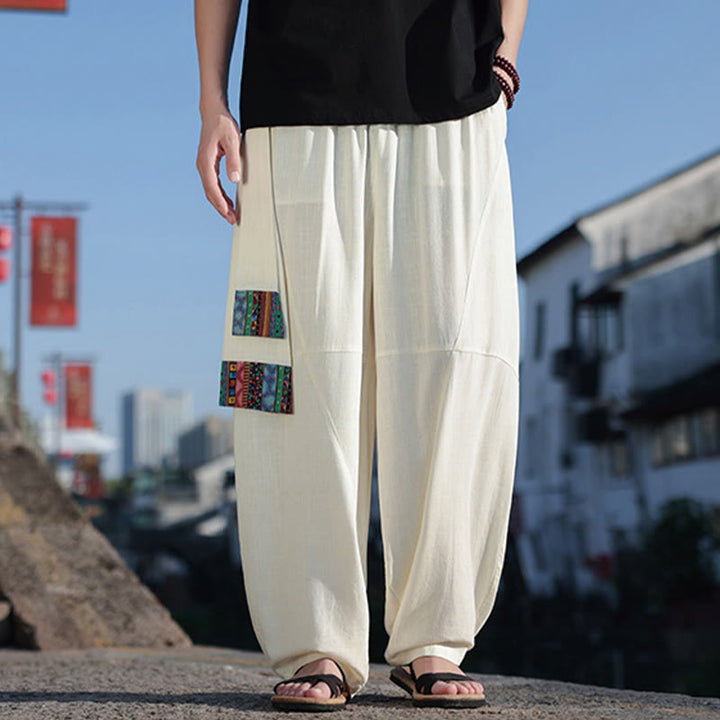 Buddha Stonesシンプル パッチワークデザイン ドローストリング コットン メンズ ワイドレッグパンツ ポケット付き