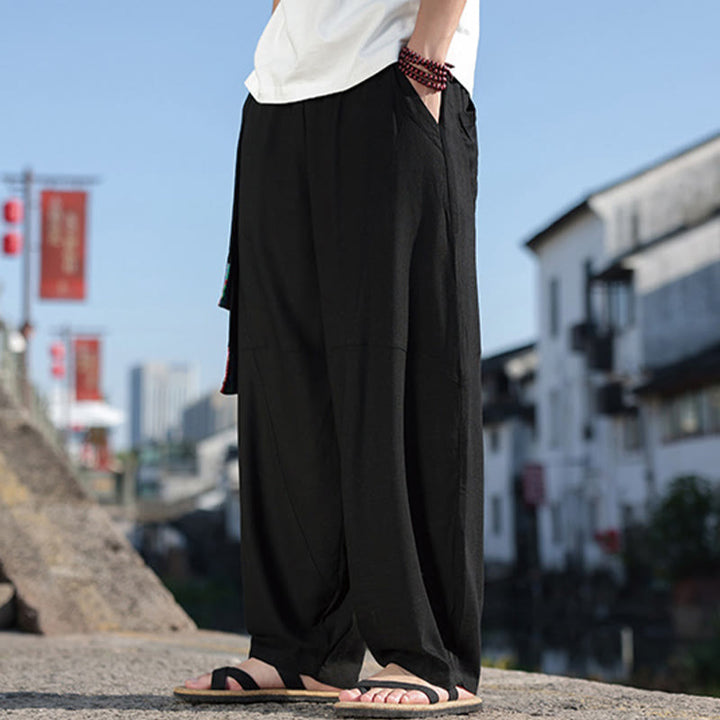 Buddha Stonesシンプル パッチワークデザイン ドローストリング コットン メンズ ワイドレッグパンツ ポケット付き