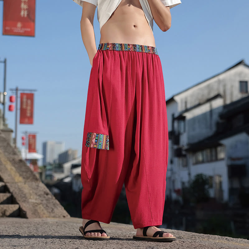 Buddha Stonesシンプル パッチワークデザイン ドローストリング コットン メンズ ワイドレッグパンツ ポケット付き